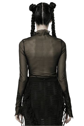 Gothic Black Sheer Mesh Skeleton Feather Lace Top